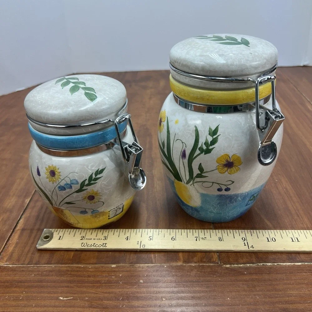 Oneida Sakura Casual Dining Floral Applique Ceramic Canister Jars Set of 2